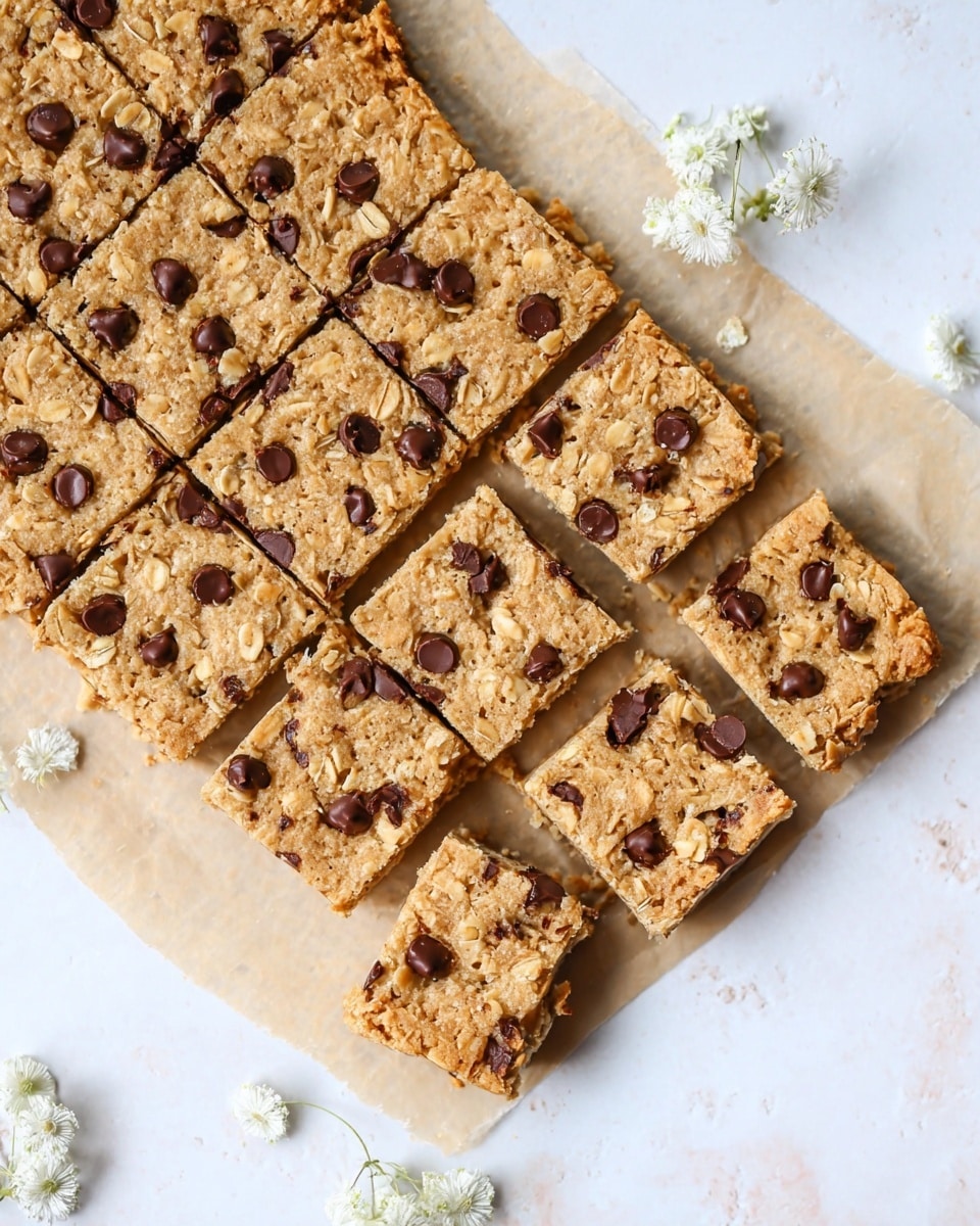 The image shows a batch of oat and chocolate chip bars placed on a sheet of parchment paper. The bars are cut into small square pieces, arranged closely in a grid pattern with some pieces slightly separated around the edges. The bars have a light golden brown color with visible oats scattered throughout and dark chocolate chips spread unevenly on the top surface. The texture looks slightly rough and crumbly, giving a homemade feel. The whole set rests on a white marbled surface with small white flowers placed around for decoration. Photo taken with an iphone --ar 4:5 --v 7