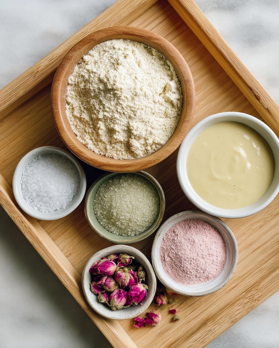 This image shows seven small bowls of different ingredients placed on a light wooden tray over a white marbled surface. The largest bowl, made of light brown wood, is in the center filled with fine beige flour. To its right, there is a white bowl with pale yellow creamy sauce with a smooth texture. Surrounding the two main bowls, there are five small bowls: white coarse salt in the bottom left, greenish sea salt in the middle left, white powder (likely flour or sugar) in the top right, bright pink powder below the white powder, and dried small pink rosebuds in the bottom center. The ingredients create a colorful and textured mix. Photo taken with an iphone --ar 4:5 --v 7