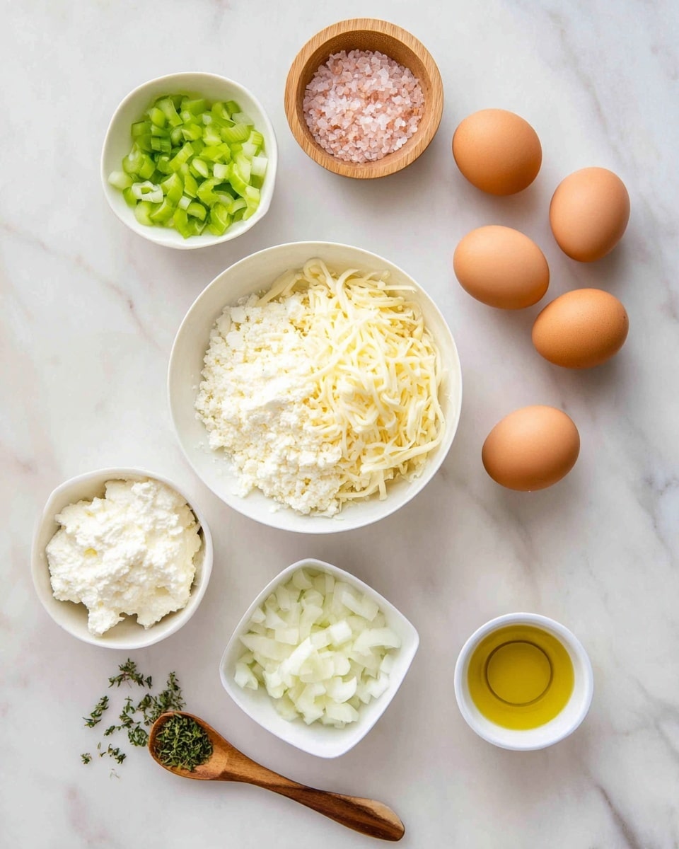 The image shows a white marbled surface with various cooking ingredients neatly placed on it. There is a white bowl near the center filled with two layers of cheese: crumbly white cheese on the left and shredded pale yellow cheese on the right. Above this bowl, six brown eggs are scattered in a loose group. To the left of the eggs, there is a small white bowl filled with chopped light green celery, and below it, a white square bowl of diced white onions. At the bottom left, a white bowl contains soft white ricotta cheese. Near the bottom right, a small white square bowl holds a golden yellow liquid, likely olive oil. At the top left, a small wooden bowl is filled with pink salt crystals. On the far right side of the surface, a small wooden spoon with green herbs rests on the marble. The photo taken with an iphone --ar 4:5 --v 7