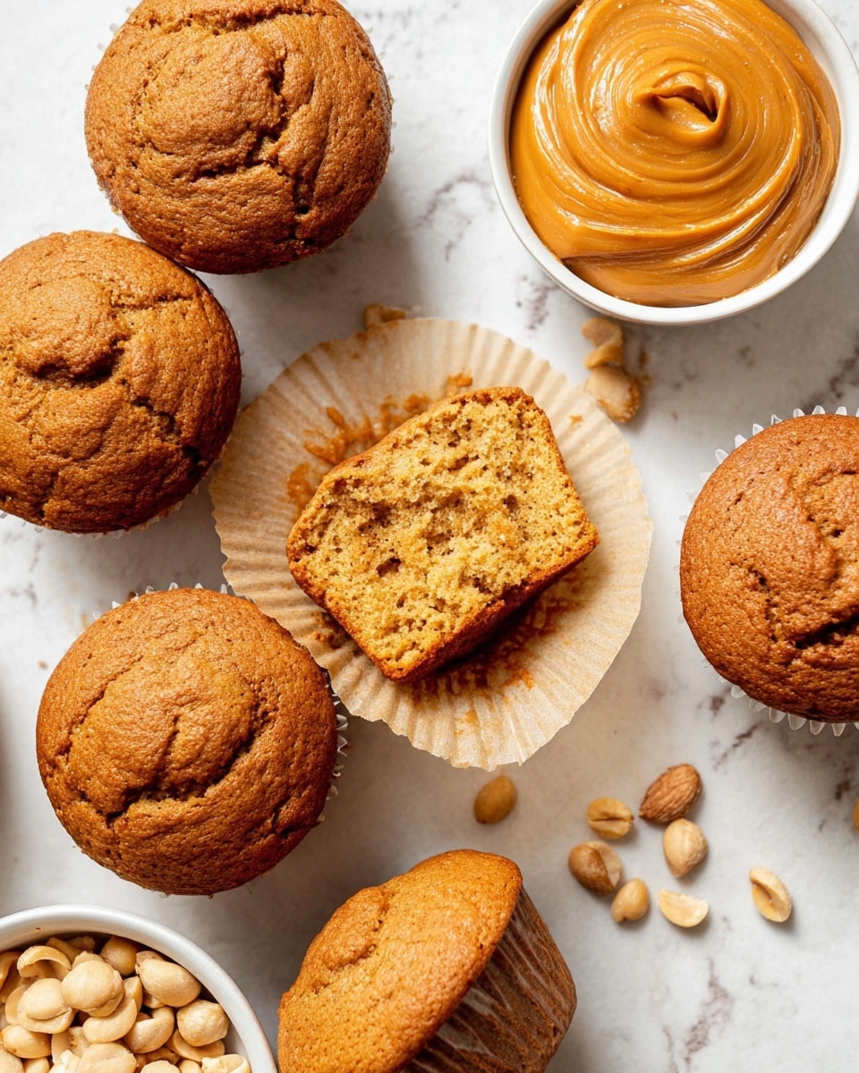 The image shows seven golden brown muffins with slightly cracked tops evenly spread on a white marbled surface; in the middle, one muffin is open with a light, soft, and textured inside resting on an unwrapped beige paper liner. On the upper right side, there is a white bowl filled with smooth light brown peanut butter, and next to it is a smaller bowl with a bright orange spread, both bowls resting on the same white marbled surface. Scattered light tan peanuts add extra detail to the scene. photo taken with an iphone --ar 4:5 --v 7