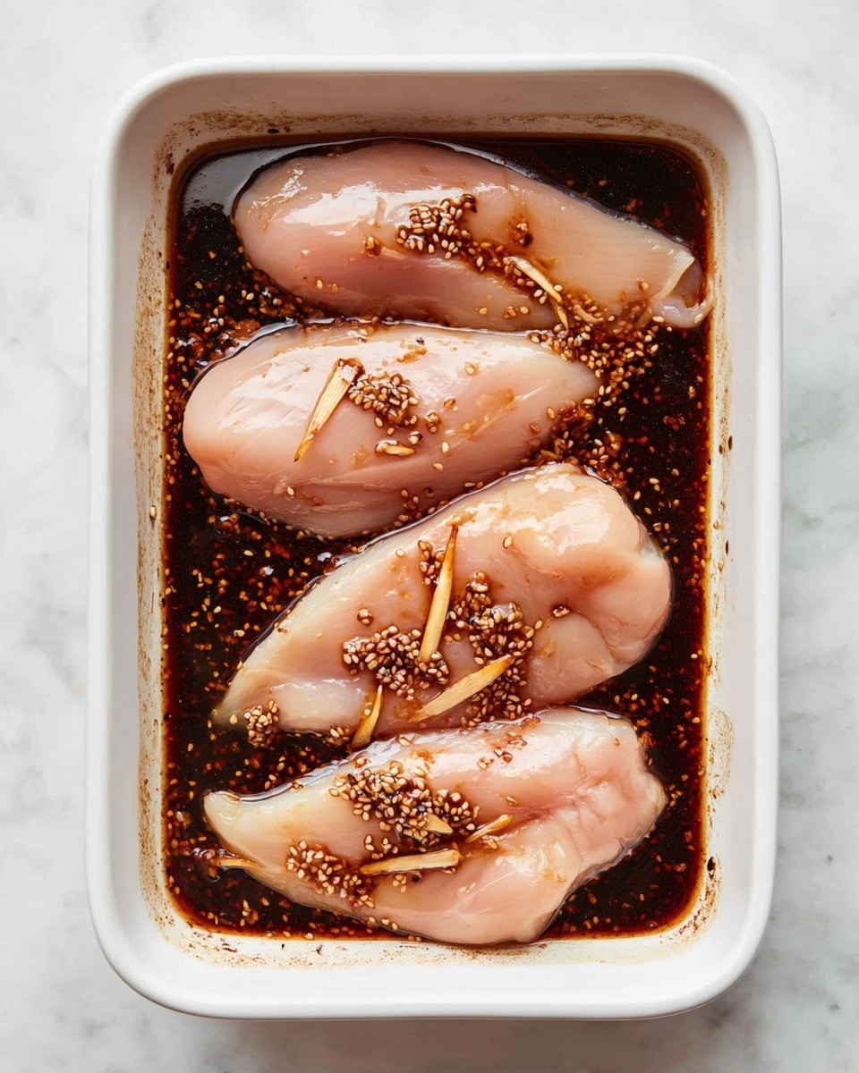 A white rectangular baking dish holds four raw chicken fillets soaked in a dark brown marinade with small mustard seeds and thin slices of ginger floating on top. The chicken fillets are pale pink with a smooth, slightly shiny surface, partially submerged in the thick, glossy sauce that fills the bottom of the dish. The dish is placed on a white marbled surface, and the photo is taken from above, showing the close arrangement of the chicken in the rectangular dish photo taken with an iphone --ar 4:5 --v 7