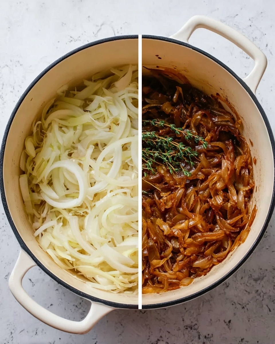 The image shows two white enamel pots side by side on a white marbled surface. The left pot is filled with thinly sliced raw onions, pale yellow and white in color, layered loosely with smooth, soft textures. The right pot contains cooked caramelized onions, rich brown with a shiny, slightly sticky texture, and a sprig of fresh green thyme on top, the onions appearing soft and slightly wilted. Both pots have a black rim along the edge and white handles. Photo taken with an iphone --ar 4:5 --v 7