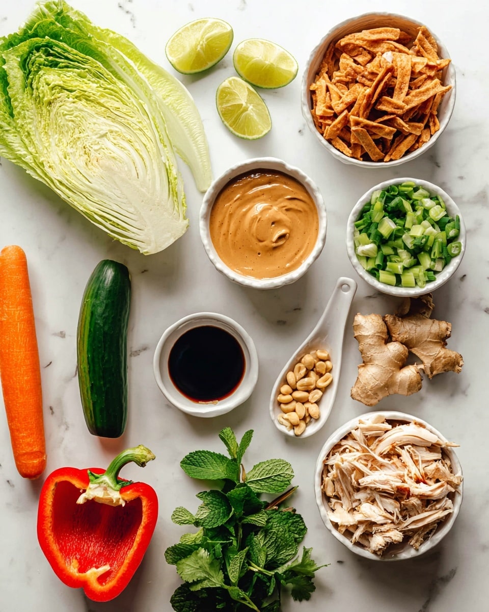 The image shows various fresh ingredients neatly arranged on a white marbled surface. There is a large half of a pale green lettuce leaf on the bottom left, next to a long green cucumber slice and an orange carrot. Above the carrot is a small white bowl filled with smooth, creamy light brown peanut sauce. To the right of the sauce are three lime wedges and a small clove of garlic, along with a small white spoon holding a little honey. Below and to the right is a fresh pale brown ginger root placed near a bunch of bright green cilantro and mint leaves. On the top right, there is a white bowl packed with chopped green onions. Next to it is a white bowl filled with crunchy golden-brown fried strips. Below these is a white bowl of shelled roasted peanuts and a white bowl filled with shredded cooked chicken that is a mix of white meat and light browns. A washed red bell pepper, halved to show its hollow interior and seeds, sits between the chicken and fresh vegetables. A small white bowl of dark soy sauce is placed near the center. All the ingredients are well spaced with bright colors contrasting against the clean white marbled surface. Photo taken with an iphone --ar 4:5 --v 7