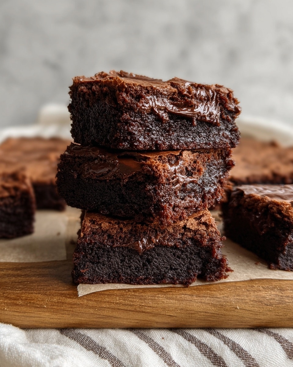 Three chocolate brownies are stacked on top of each other on a wooden board covered with parchment paper. Each brownie has two main layers: a dense, dark brown base layer with a moist texture, and a slightly lighter brown top layer with smooth melted chocolate spread evenly over it. Additional brownies lay flat on the wooden board around the stack. The scene has a white marbled background and a light cloth with thin dark stripes beneath the board. Photo taken with an iphone --ar 4:5 --v 7