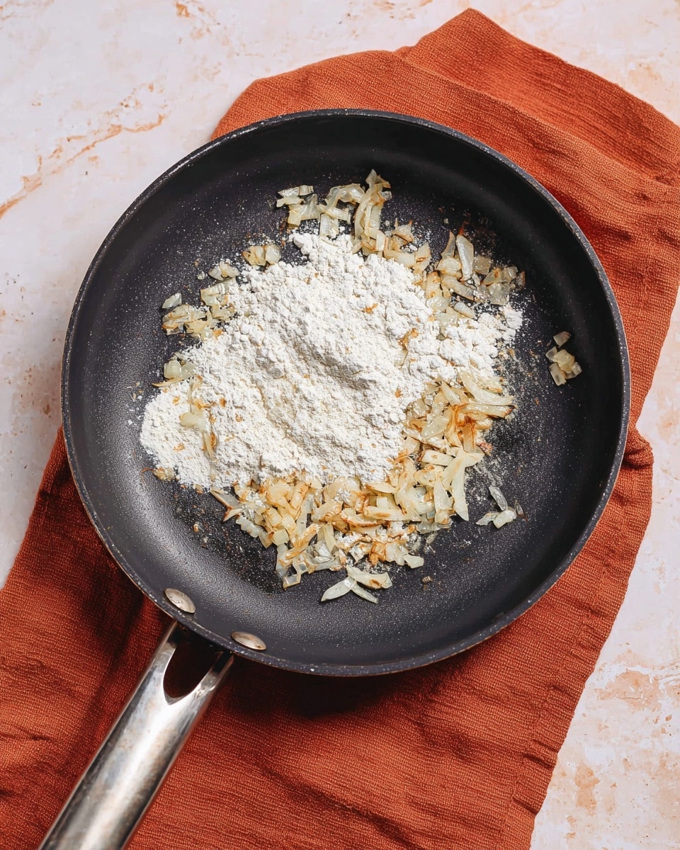 A dark non-stick frying pan with a metal handle is placed on a rust-orange cloth over a white marbled surface. Inside the pan, there is a layer of chopped, light golden-brown cooked onions with a pile of white flour sprinkled on top, mostly gathered in the center with some spread lightly around. The onions show light browning and soft texture, while the flour has a dry, powdery look, creating a contrast between the two layers photo taken with an iphone --ar 4:5 --v 7