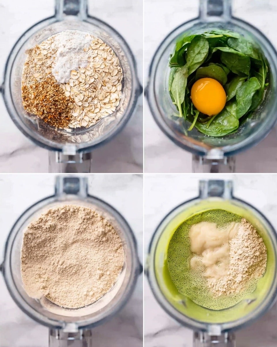 The image shows a four-part sequence inside a clear blender jar placed on a white marbled surface. The first layer has dry oats with white and brown powder sprinkled on top, filling about half the jar. The second layer is a mix of the blended oats forming a smooth, pale beige powder evenly spread inside the jar. The third layer adds fresh green spinach leaves, two egg yolks, and a pale creamy substance, all sitting on top of the oat mixture. The fourth layer shows the mixture halfway blended, with the bottom half still light beige oat powder and the top half a bright green liquid from the spinach, creating a two-tone effect. photo taken with an iphone --ar 4:5 --v 7