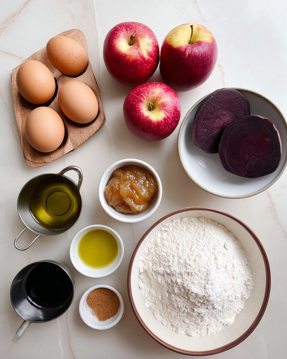The image shows a white bowl with two dark purple beets inside, showing a smooth and shiny texture. Near it, there are two red apples with yellow gradients near the stem, both round and glossy. A small white container filled with light brown apple sauce sits in front of the apples. To the left, two brown eggs rest in a small wooden tray with natural wood grain patterns. There are also three containers near the bottom left holding different liquids: a metal cup with green olive oil, a black bowl with a darker liquid, and a small cup with honey, appearing golden and translucent. On the right, a large white bowl with a brown rim is filled with white flour, with cinnamon and white baking powder stacked in small piles on top. All items are placed on a white marbled surface. Photo taken with an iphone --ar 4:5 --v 7