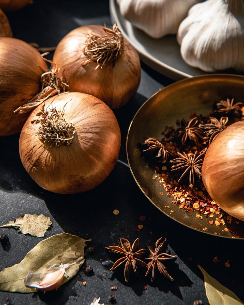 The image shows a close-up view of several whole brown onions with dry peeled layers resting on a black surface. Two star anise and dried bay leaves are scattered around, with some placed inside a round brass bowl that also contains crushed red pepper flakes. In the background, there is a white plate holding two heads of garlic. The lighting casts soft shadows enhancing the warm earthy tones of the onions and spices on the dark surface. photo taken with an iphone --ar 4:5 --v 7