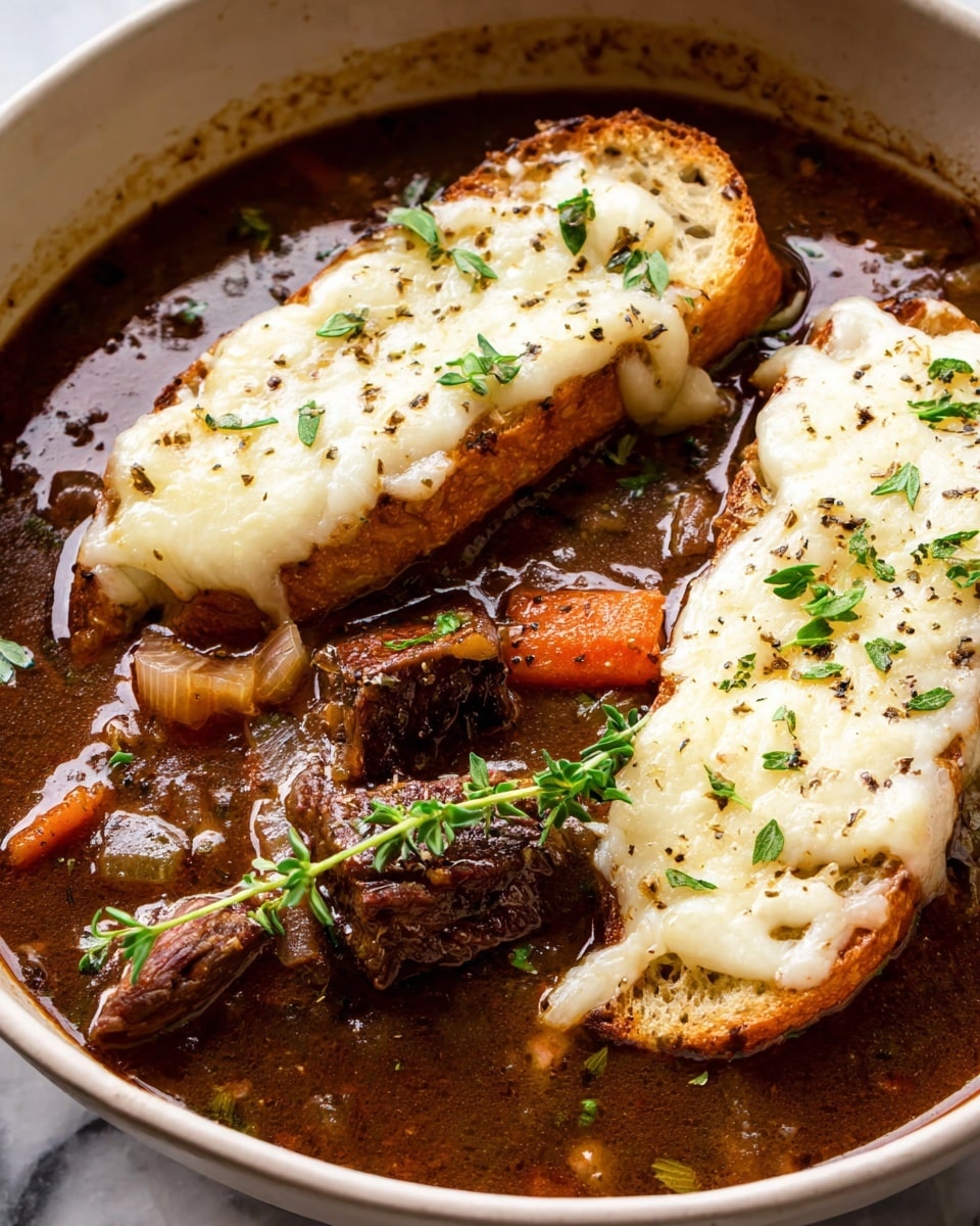 In a large white bowl, there is a dark brown rich soup with visible chunks of tender meat and small carrot pieces floating in the broth. On top of the soup are two long toasted white bread slices covered with melted creamy white cheese, sprinkled with small green herb leaves and black pepper. The cheese looks soft and slightly bubbly, and the green herb sprigs add a fresh touch over the hearty soup. The bowl rests on a white marbled surface. photo taken with an iphone --ar 4:5 --v 7