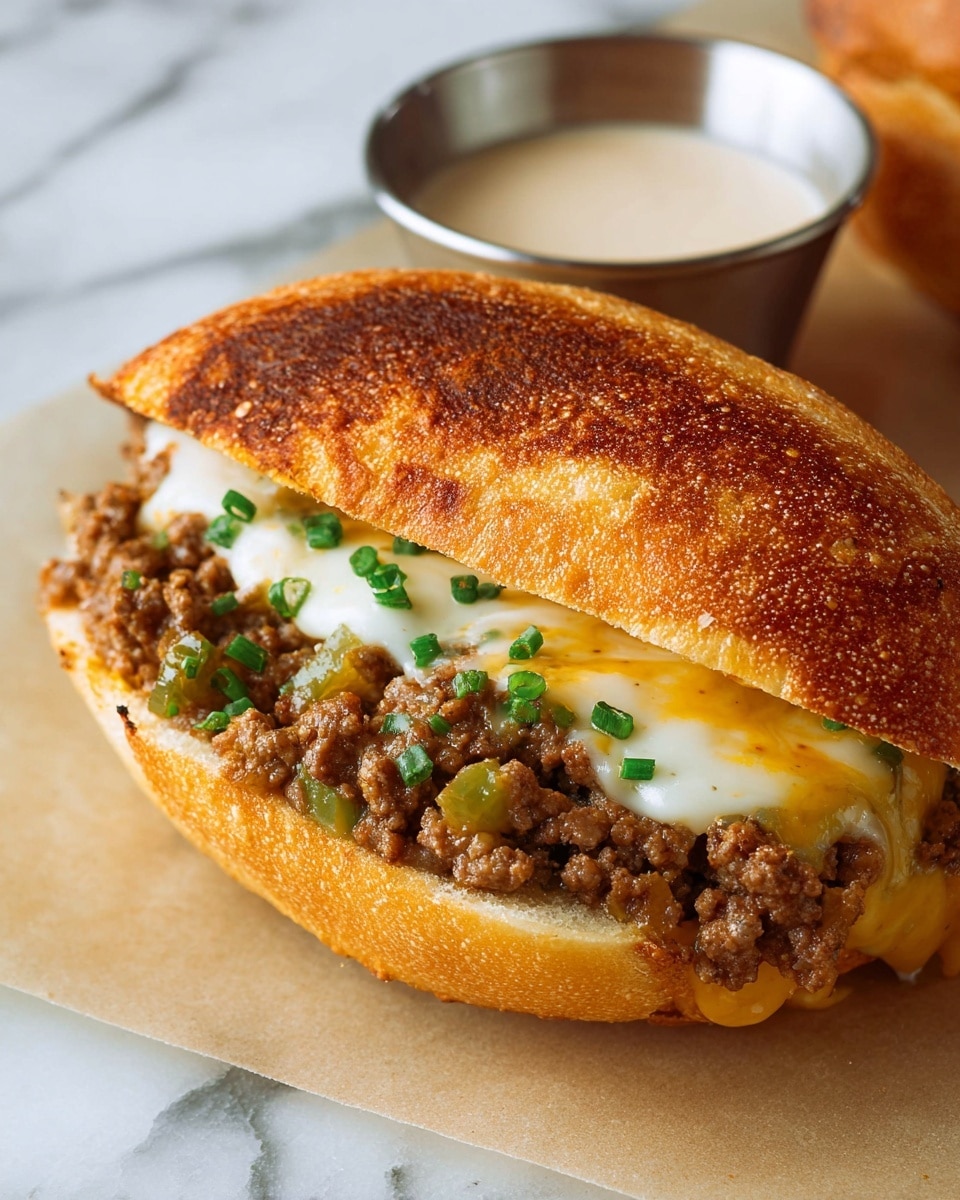The image shows a sandwich with a toasted golden brown bun that has a slightly crunchy texture on the outside. Inside, there is a layer of browned ground meat mixed with small bits of green peppers and soft onions, creating a rough texture. Above the meat, there is a melted white cheese layer that looks smooth and gooey, topped with small green chopped chives. The sandwich lays on a sheet of parchment paper set on a white marbled surface, and in the background, there is a small silver cup filled with a light creamy sauce. Photo taken with an iphone --ar 4:5 --v 7