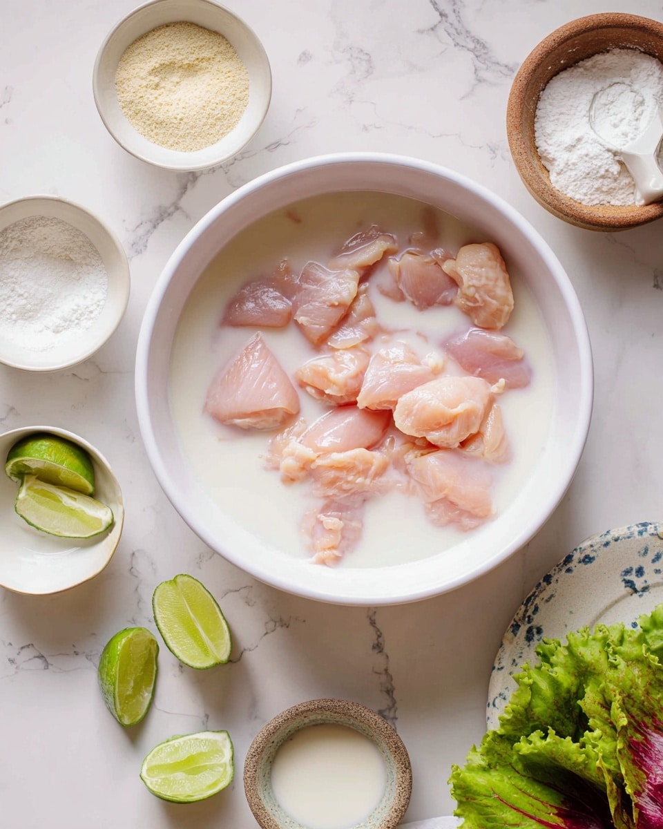 A large white bowl in the center holds raw light pink chicken pieces soaked in white milk, showing a smooth, wet texture. Around the bowl are small white bowls with different ingredients: one with a beige powdery substance, another with white flour, and another with a light creamy sauce. Fresh green lime wedges lie on the white marbled surface, adding a splash of bright green color. Few leaves of fresh green lettuce with red tips peek from the edge on the right side. The scene is set on a white marbled surface with subtle grey veins, showing a clean and simple cooking setup. Photo taken with an iphone --ar 4:5 --v 7