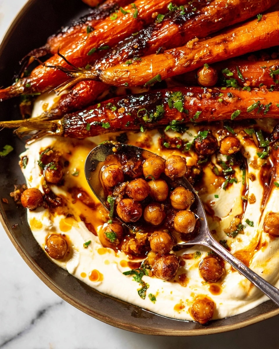 The image shows a close-up of a dish with several roasted carrots on top, their skin shiny and orange with a slightly charred texture. Below the carrots is a creamy white sauce, spread unevenly over the base, with some areas mixed with a darker reddish-brown liquid, creating streaks of color. Scattered across the dish are roasted chickpeas, small and round with a golden-brown hue and a slightly crispy look, along with small chopped green herbs sprinkled on top for color. A metal spoon is scooping a mix of the creamy sauce and chickpeas from the dish, capturing the mixture's rich textures. The background surface is a white marbled texture. Photo taken with an iphone --ar 4:5 --v 7