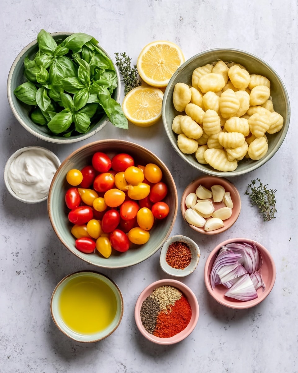 The image shows seven bowls of food ingredients arranged on a white marbled surface. The largest bowl on the right is filled with light yellow gnocchi, each piece with soft ridges. Above it, another large bowl holds bright green basil leaves, two lemon halves with a vivid yellow color, and a few sprigs of thyme. To the left of the basil bowl, a medium bowl is full of red, orange, and yellow cherry tomatoes, with smooth, shiny skins. Below the tomato bowl is a smaller bowl containing peeled garlic cloves and thin slices of pale purple shallots. To the bottom right, a small pink bowl contains various ground spices in distinct piles: red chili powder, black pepper, crushed dried spices in orange-brown tones, and a little salt, with small bits of grated ginger. At the bottom left, a small bowl holds golden yellow olive oil. Lastly, a medium bowl near the top left is filled with creamy white yogurt, smooth and thick. photo taken with an iphone --ar 4:5 --v 7