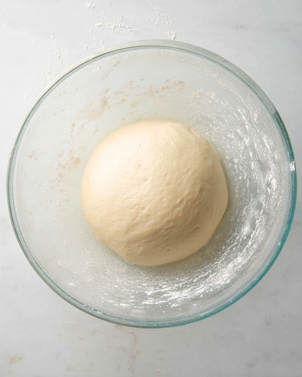 A smooth, round ball of dough with a pale cream color sits in the center of a clear glass bowl. The dough is slightly shiny and looks soft, with a smooth surface that shows a few tiny, subtle air bubbles. The edges of the bowl have a light coating of flour, and the bowl is placed on a white marbled surface. The overall setting is clean and bright, highlighting the dough as the main focus photo taken with an iphone --ar 4:5 --v 7