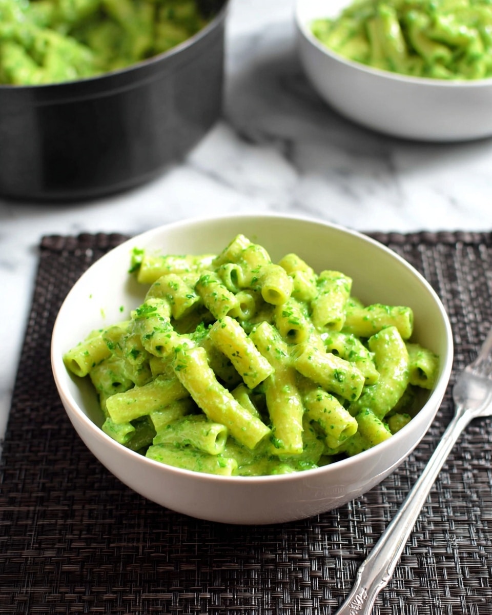 A white bowl filled with short tubular pasta covered in a bright green sauce, giving the pasta a smooth and creamy texture with specks of green herbs throughout. The bowl is placed on a dark woven mat with a silver fork to the right side. In the background, another white bowl with the same pasta and a black pot filled with the green pasta are partially visible. The whole scene is set on a white marbled surface. photo taken with an iphone --ar 4:5 --v 7
