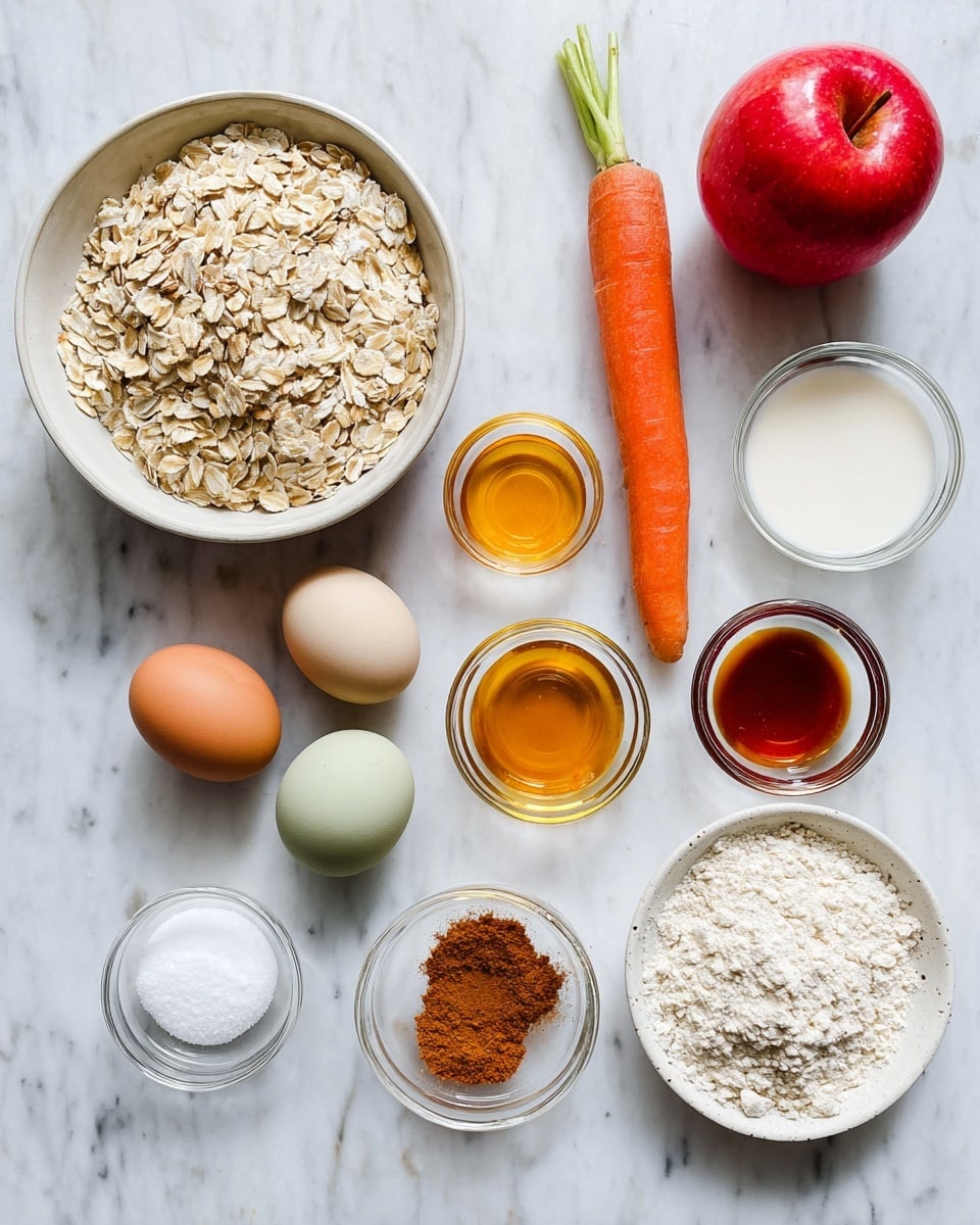 A white bowl filled with light beige rolled oats sits at the bottom left, with three eggs in different shades of brown and pale green arranged nearby. A long, bright orange carrot with green tips is placed vertically to the right. Several small clear glass bowls hold golden oil, amber vanilla extract, glossy honey, and white milk scattered around the arrangement. A white ceramic plate holds three piles of powder: white flour, white salt, and brown cinnamon. A bright red apple is placed near the top right on a white marbled surface. photo taken with an iphone --ar 4:5 --v 7