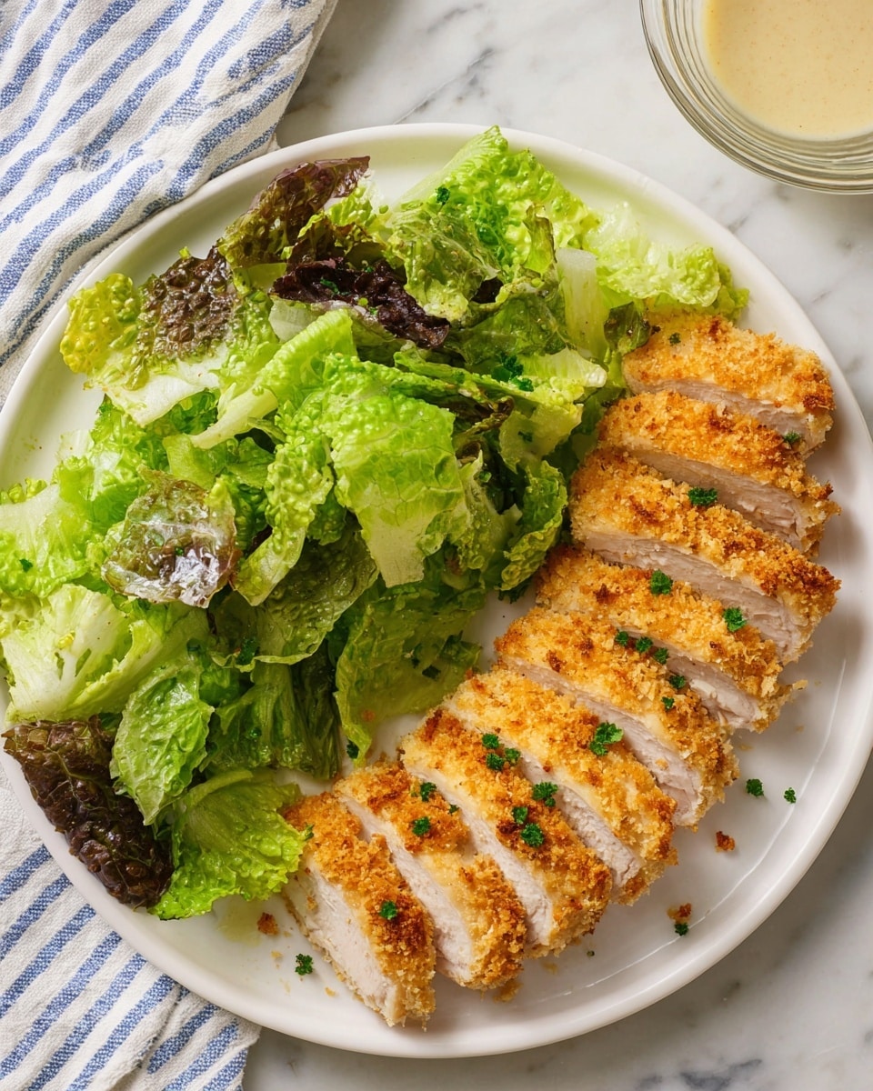 A white plate sits on a white marbled surface, holding two main layers: on the left is a pile of fresh, chopped dark and light green romaine lettuce leaves with a slightly rough texture, and on the right are seven slices of golden-brown, crispy breaded chicken, arranged in a neat row showing the moist, light-colored inside of the chicken. Small green herb bits are sprinkled cautiously over the chicken, adding contrast. In the top right corner above the plate, there is a clear glass bowl containing a light-colored sauce or dressing. A white cloth with blue stripes is slightly visible in the top left corner. Photo taken with an iphone --ar 4:5 --v 7