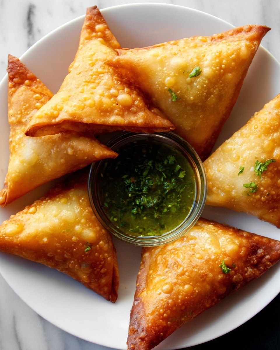 Six golden-brown triangular samosas with a crispy, bubbly texture are arranged closely in a circle on a white plate. In the center of the plate, there is a small clear glass bowl filled with green chutney sauce, topped with finely chopped green herbs. The background is a white marbled surface. photo taken with an iphone --ar 4:5 --v 7