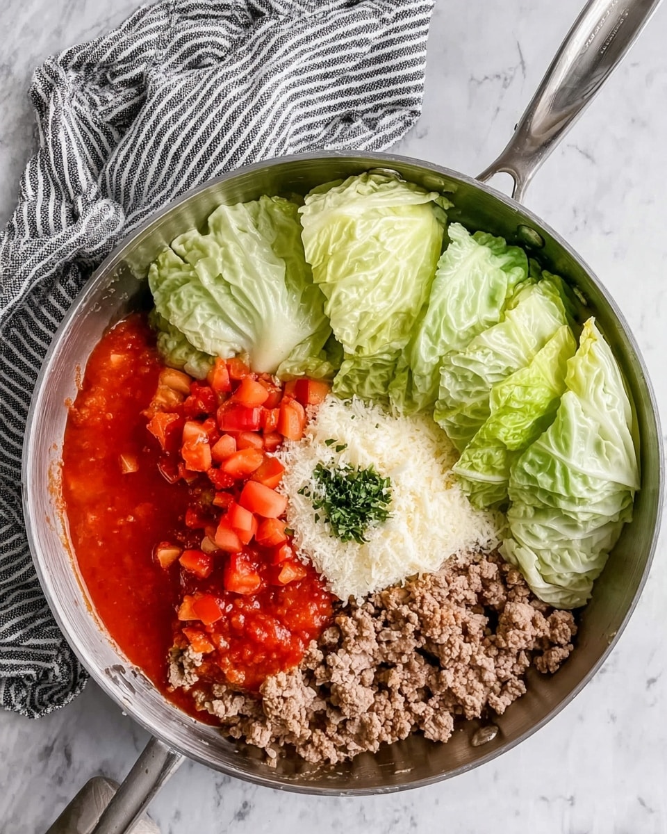 The image shows a clear glass bowl on a white marbled surface filled with large, pale green cabbage leaves. Next to it is a silver frying pan with several distinct layers: at the bottom there is cooked ground meat with a light brown color, on top of the meat is a bright red tomato sauce poured on one side, diced red tomatoes scattered next to the sauce, a mound of white grated cheese in the center, and a small sprinkle of green herbs on top of the cheese. A striped gray and white cloth is next to the pan, and a woman's hand is holding the pan handle. photo taken with an iphone --ar 4:5 --v 7