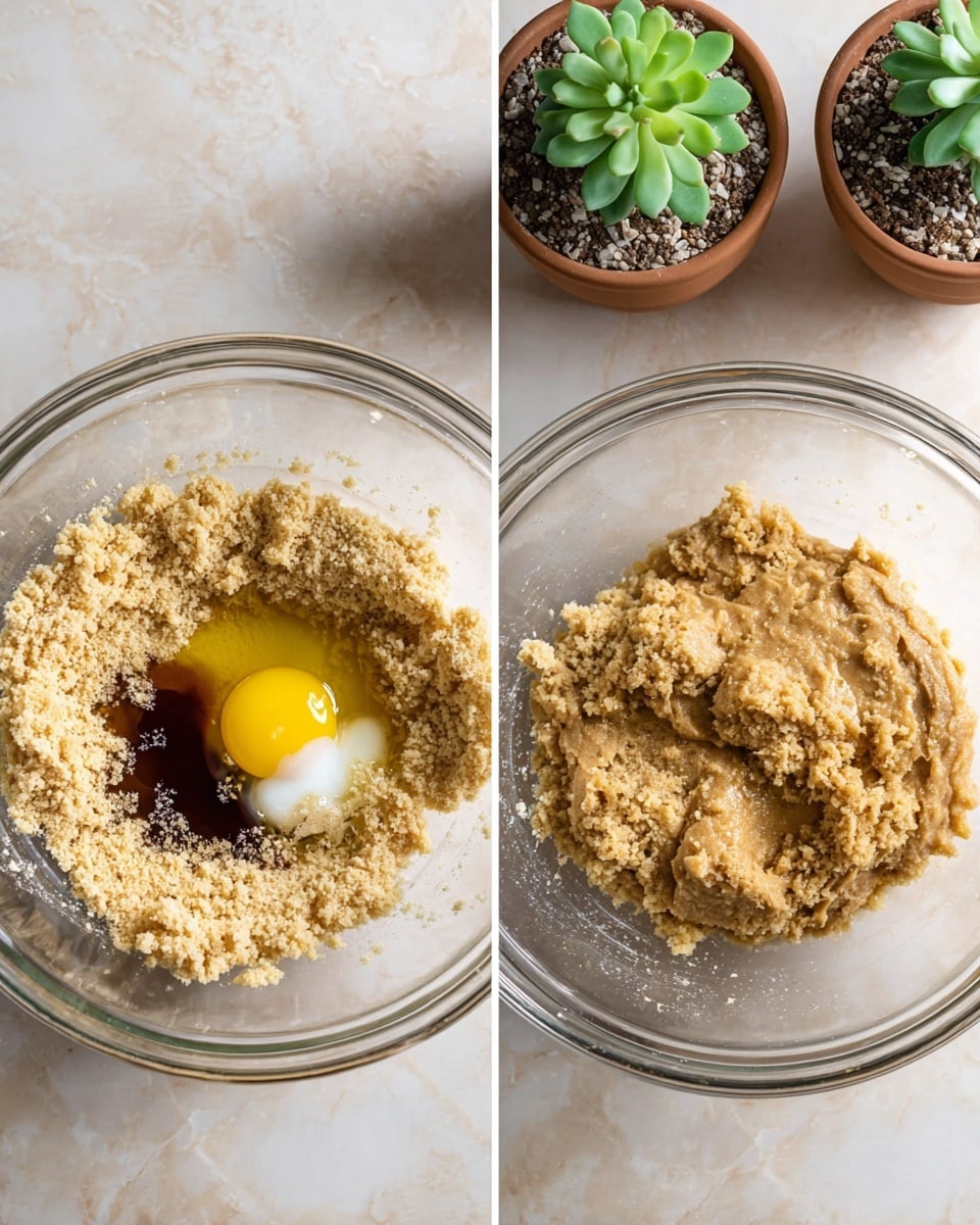 Two clear glass mixing bowls sit side by side on a white marbled surface. The left bowl holds light brown crumbly dough with an egg yolk, egg white, and a small pool of dark vanilla liquid in the center, showing three layers: crumbly dough around the edges, the bright yellow egg yolk and clear white on one side, and the dark vanilla liquid on the other. The right bowl shows the same mixture after stirring, now a smooth, light brown dough with a soft, slightly sticky texture forming a small mound in the middle with scraped sides. Small green succulent plants in brown pots are seen in the top background. Photo taken with an iphone --ar 4:5 --v 7
