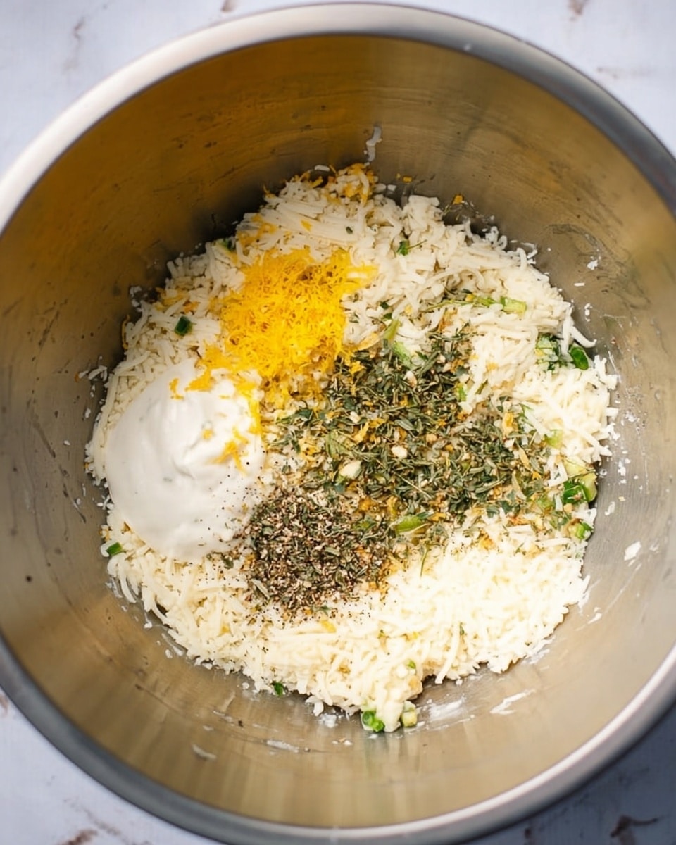 Inside a large silver mixing bowl, there is a mixture with several visible layers: a base of white shredded cheese spread out, small patches of bright yellow zest scattered on top, a small dollop of thick white sauce on one side, a sprinkle of green herbs and black pepper spread across the center, and a mix of small green pieces mixed into the cheese. The background is a white marbled texture. photo taken with an iphone --ar 4:5 --v 7