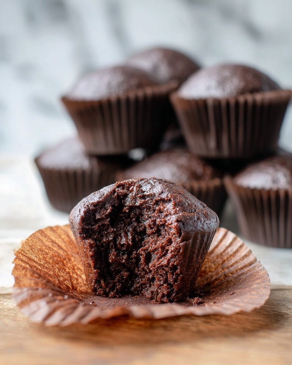 A close-up of a single chocolate muffin with a bite taken from the top left side, showing a moist and crumbly dark brown inside resting on its unwrapped brown paper liner, placed on a wooden surface. In the background, several whole chocolate muffins in dark brown paper liners are stacked softly out of focus, set against a white marbled texture. The lighting highlights the texture and richness of the muffins. photo taken with an iphone --ar 4:5 --v 7