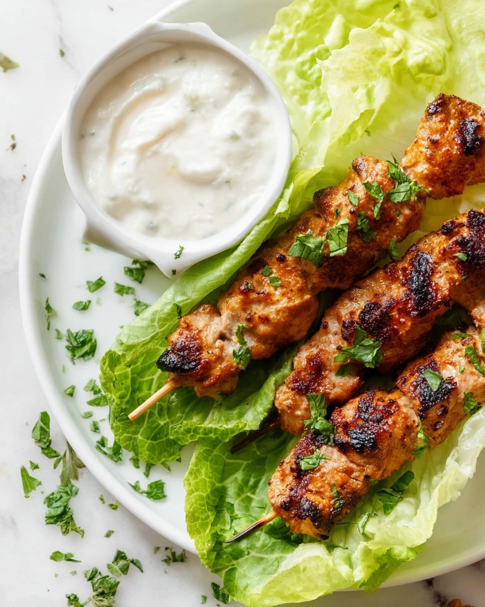 The image shows a white plate with grilled skewers of meat placed on bright green lettuce leaves. The skewers have a slightly burnt, golden-brown texture with small bits of fresh green herbs sprinkled on top. To the side, there is a small white bowl filled with smooth, creamy white sauce. The plate rests on a white marbled surface with some small green herb pieces scattered around. The colors are warm and fresh, with a mix of light green, golden brown, and white. photo taken with an iphone --ar 4:5 --v 7