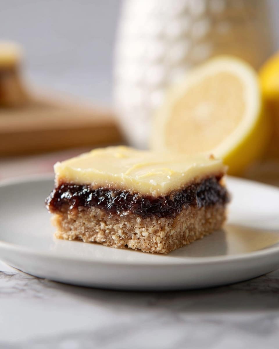 The image shows a square dessert bar with three layers on a white plate. The bottom layer is a light brown nutty or oat crust, textured and firm. Above it, there is a dark, shiny, sticky filling layer, likely a fruit jam or preserve, which looks thick and glossy. The top layer is a pale yellow creamy custard or cheesecake layer, smooth and slightly porous, giving a soft appearance. The background features a blurred white marbled surface and a section of a cut lemon and a white textured jar, creating a light and clean setting. Photo taken with an iphone --ar 4:5 --v 7