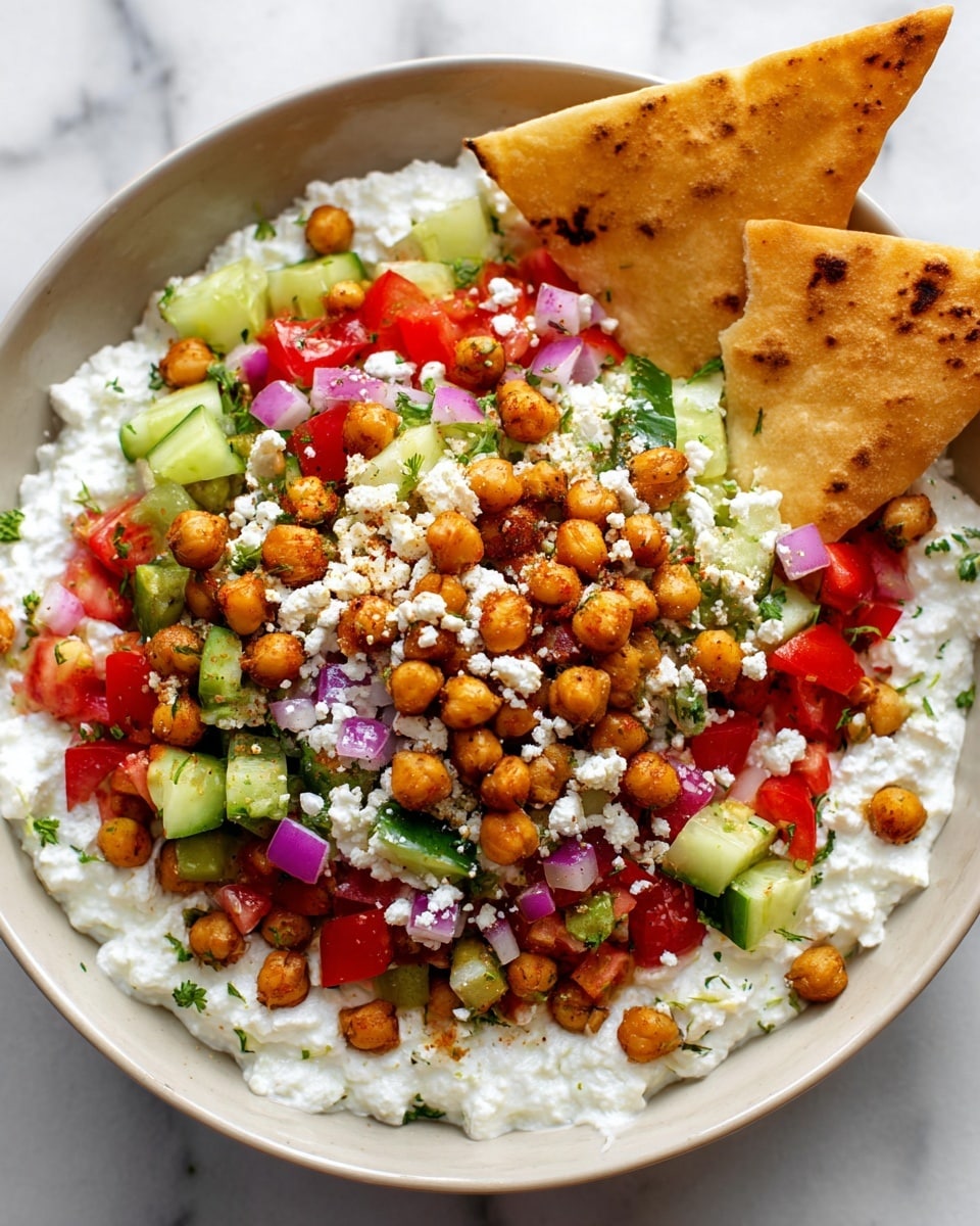 The image shows a bowl with three main layers. The bottom layer is white and creamy cottage cheese spread evenly. The top layer consists of a colorful mix of diced red tomatoes, green cucumber pieces, and finely chopped red onions scattered over the cottage cheese. Small roasted golden brown chickpeas are spread on the veggies, adding texture. There are also crumbles of white cheese sprinkled on top. Two triangular pita chips, light brown in color, are placed upright on one side of the bowl. The bowl is placed on a white marbled surface. Photo taken with an iphone --ar 4:5 --v 7