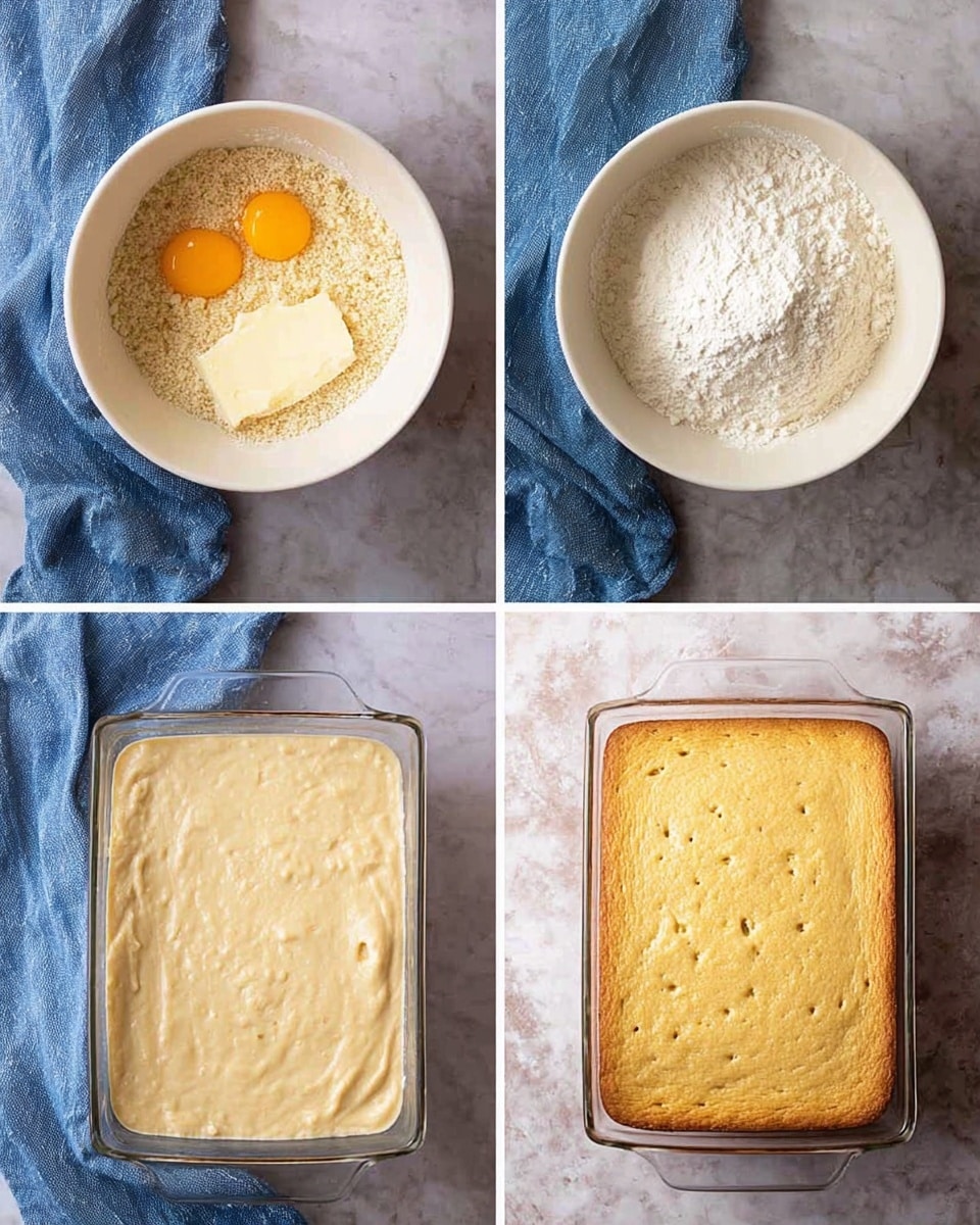The image shows four steps of preparing a cake batter and baking it. The first layer is a white mixing bowl filled with crushed crumb-looking base, two raw orange-yellow egg yolks, and a creamy white ingredient on one side, set on a white marbled surface with a blue cloth behind. The second layer shows the same bowl with the mixture partially mixed, with a mound of white powder (likely flour) in the center, placed on the same white marbled surface and blue cloth. The third layer is a clear rectangular glass baking dish filled with smooth, light beige batter evened out on top, on the same white marbled surface with blue cloth nearby. The final layer features the same baking dish with the cake now fully baked, showing a golden brown, slightly textured top with small darker spots, resting on the white marbled surface with the blue cloth around it photo taken with an iphone --ar 4:5 --v 7