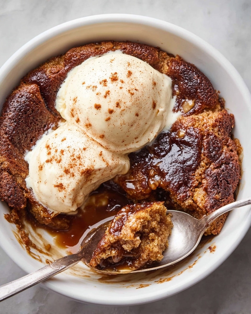 A white round bowl holds a warm baked dessert with a dark brown, slightly crispy top layer. Inside, the texture looks soft and crumbly with a rich, sticky syrup pooling in some spots. On top are two scoops of creamy vanilla ice cream, sprinkled lightly with cinnamon powder. A silver spoon rests inside the bowl, scooping a piece of the dessert, showing its moist interior. The bowl sits on a white marbled surface. Photo taken with an iphone --ar 4:5 --v 7