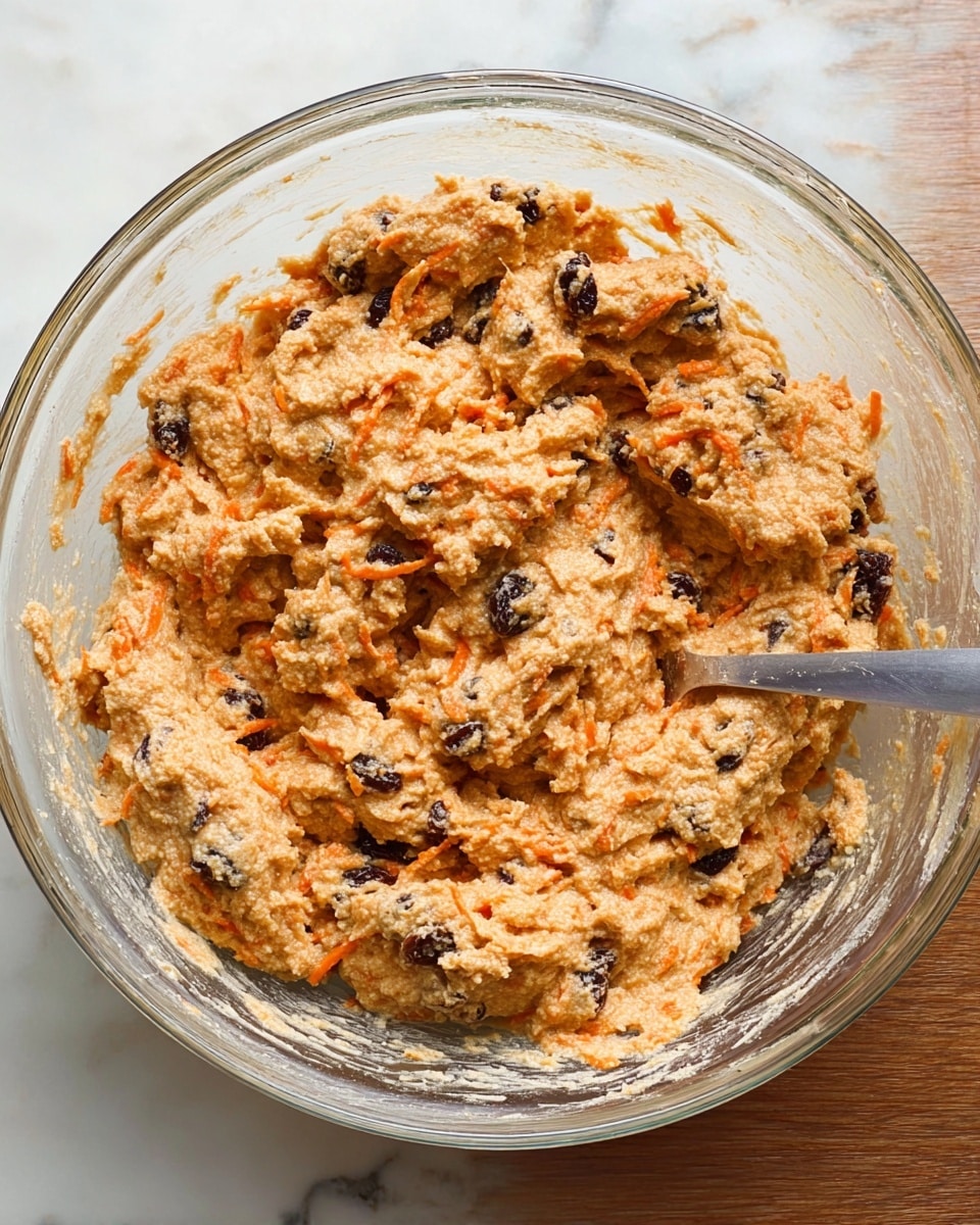 A clear glass bowl filled with thick, chunky batter that has a light orange color with visible bits of shredded carrot and dark raisins mixed throughout. The batter’s texture is rough and lumpy, showing a mix of dry flour and moist ingredients. A metal spoon is partially buried in the batter on the right side of the bowl. The bowl rests on a white marbled surface. photo taken with an iphone --ar 4:5 --v 7