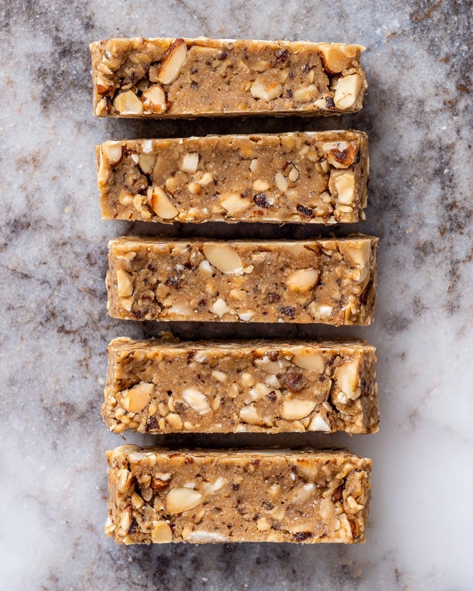 The image shows six rectangular granola bars arranged in two vertical columns on a white marbled surface. Each bar has a light brown base with small, darker brown bits spread evenly throughout, with visible white pieces that look like nuts or seeds embedded on the top and sides, giving a crunchy texture. The bars have a slightly rough, dense texture with some small cracks visible on the surface. The edges are straight but slightly uneven, showing that they are homemade. photo taken with an iphone --ar 4:5 --v 7