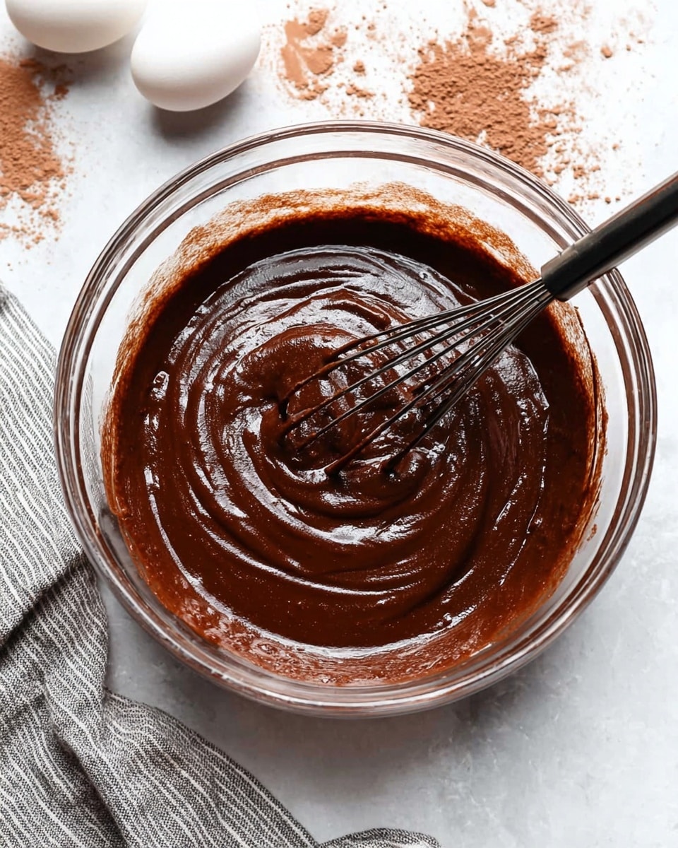 A clear glass bowl filled with smooth, thick, dark brown chocolate batter that has a glossy texture. In the bowl, a black whisk is partially submerged, showing swirls in the batter from stirring. The bowl sits on a white marbled surface with brown cocoa powder scattered on the surface nearby. There are also two whole white eggs positioned in the upper left corner and a gray and white striped cloth partially in view at the bottom. The photo has soft, natural lighting and a clean, simple background. photo taken with an iphone --ar 4:5 --v 7