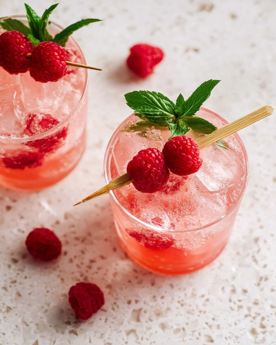 Two clear glasses filled with a pink bubbly drink and ice cubes sit on a white marbled surface. Each glass is topped with a wooden skewer holding two bright red raspberries and a small bunch of green mint leaves. Scattered around the glasses on the surface are a few loose raspberries and mint leaves, adding a fresh and colorful touch to the scene. photo taken with an iphone --ar 4:5 --v 7
