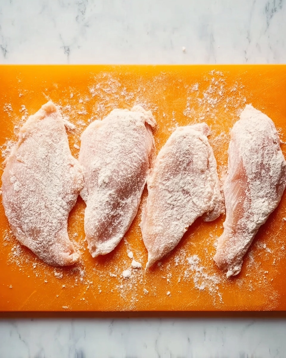 Four thin slices of raw chicken meat covered in white flour are laid flat in a row on an orange cutting board, which sits on a white marbled surface. The chicken pieces have uneven edges and a powdery texture from the flour dusting, with some flour scattered around them on the board. photo taken with an iphone --ar 4:5 --v 7