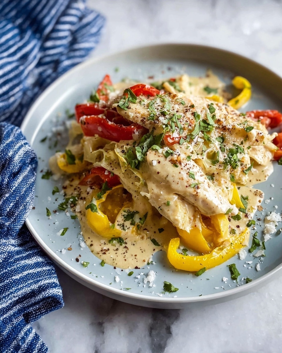 The dish shows layers starting with a base of creamy sauce with a light beige color. On top, there are white cooked pieces of chicken layered with slices of yellow and red bell peppers adding a bright and colorful touch. The chicken and peppers are coated with the creamy sauce, which has a slightly thick texture. Fresh green chopped herbs are sprinkled all over, along with small bits of black pepper and some coarse salt for seasoning. The food is presented on a white plate on a white marbled surface, with a blue and white striped cloth placed nearby. Photo taken with an iphone --ar 4:5 --v 7
