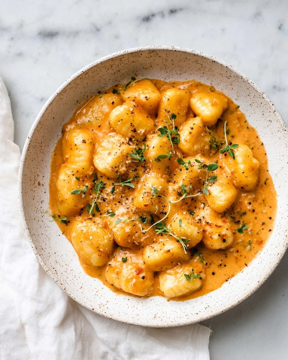A white speckled bowl contains a thick orange-brown sauce with soft gnocchi pieces in it, each dumpling coated well and slightly shiny. The gnocchi are plump and golden, sitting in a creamy sauce with visible herbs and small green sprigs scattered on top. The sauce has a smooth texture with tiny black pepper bits spread evenly, all placed on a white marbled surface with a folded white cloth nearby. photo taken with an iphone --ar 4:5 --v 7