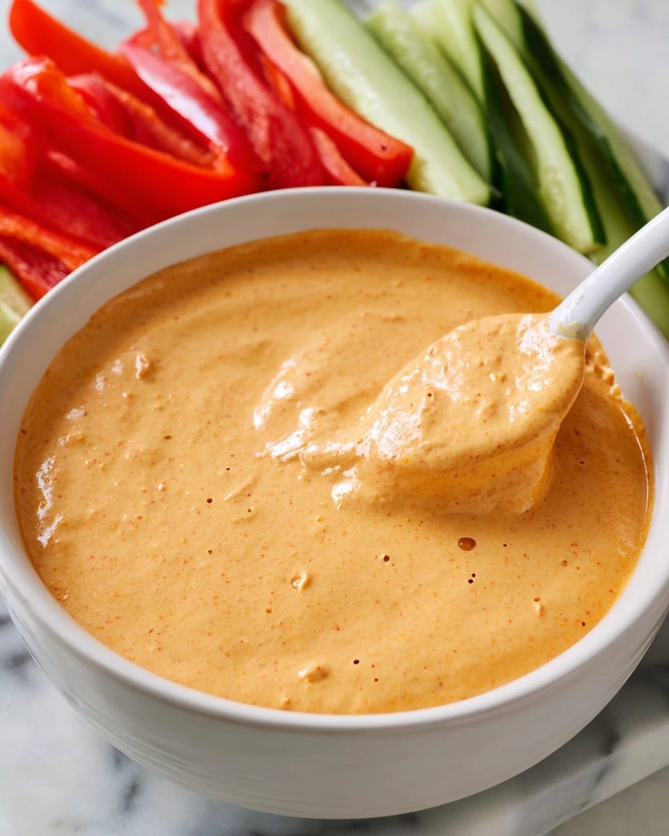 A close-up view of a white bowl filled with creamy, smooth orange-colored dip showing a few small specks and a shiny texture, with a white spoon dipped inside and lifting part of the dip. In the background, there are slices of bright red bell peppers on the left and fresh green cucumber sticks on the right, all placed on a white marbled surface. The dip looks thick and inviting, and the colors are vibrant and fresh. photo taken with an iphone --ar 4:5 --v 7