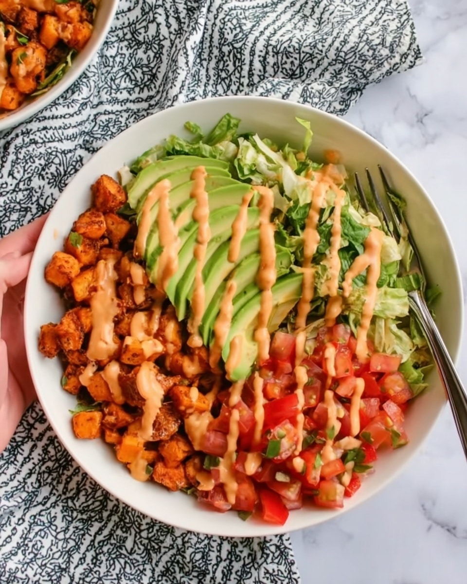 A white bowl filled with layers of food is placed on a white marbled surface partially covered by a patterned cloth. On the left side of the bowl, there is a layer of small orange chunks with a slightly crispy texture. Next to it, on the top left, there are several slices of green avocado, layered neatly. On the top right side, there is a colorful mix of chopped red tomatoes. On the right side, a thick layer of green shredded lettuce covers nearly half of the bowl. The bowl has a drizzle of light orange sauce spread evenly in a zigzag pattern over all the ingredients. A silver fork rests on the left edge of the bowl, and a woman's hand is visible holding the bowl in the background. photo taken with an iphone --ar 4:5 --v 7
