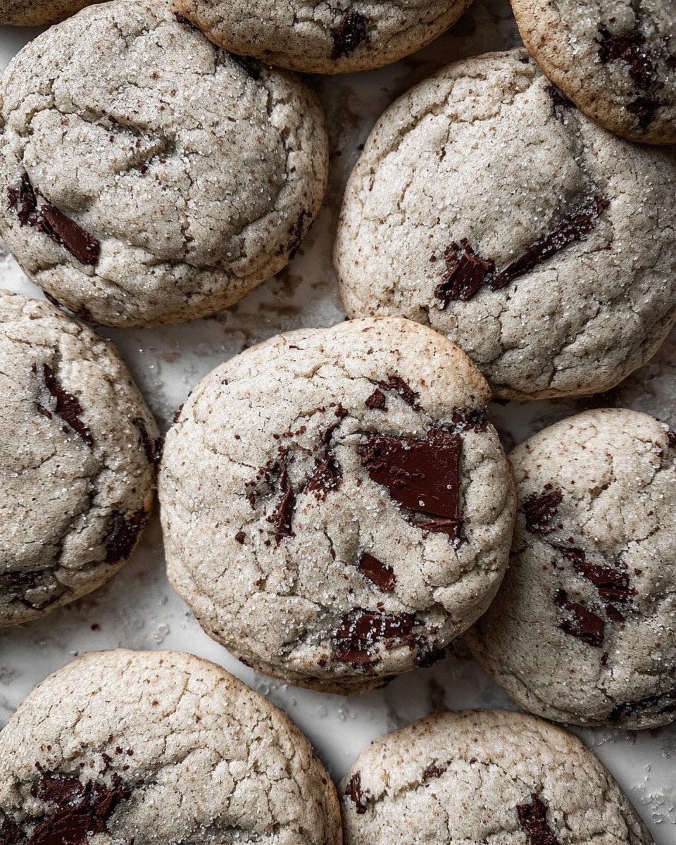A close-up view of several round, soft cookies with a light gray color and a slightly cracked surface, scattered closely together on a white marbled texture. The cookies have irregular dark brown chocolate chunks embedded in different spots across the top layers, giving a contrast in color and texture. The cookies appear thick and chewy with a subtle uneven shape, each showing unique cracks and folds around the chocolate pieces, creating a rustic, home-baked look. photo taken with an iphone --ar 4:5 --v 7