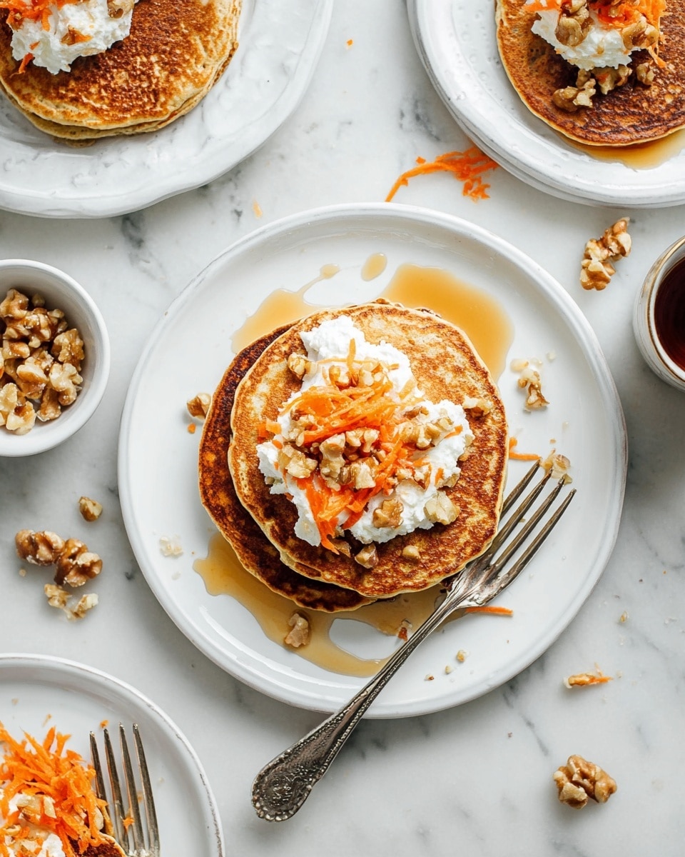 Two brown pancakes are stacked on a white plate with a fork resting beside them. On top of the pancakes, there is a dollop of white cottage cheese, some shredded orange carrot, and small pieces of light brown walnuts, all drizzled with amber syrup. Around the main plate, there are other white plates and bowls with similar pancakes, cottage cheese, carrot shreds, and walnuts scattered on a white marbled surface. The overall look is bright and fresh with scattered bits adding a casual feel. photo taken with an iphone --ar 4:5 --v 7