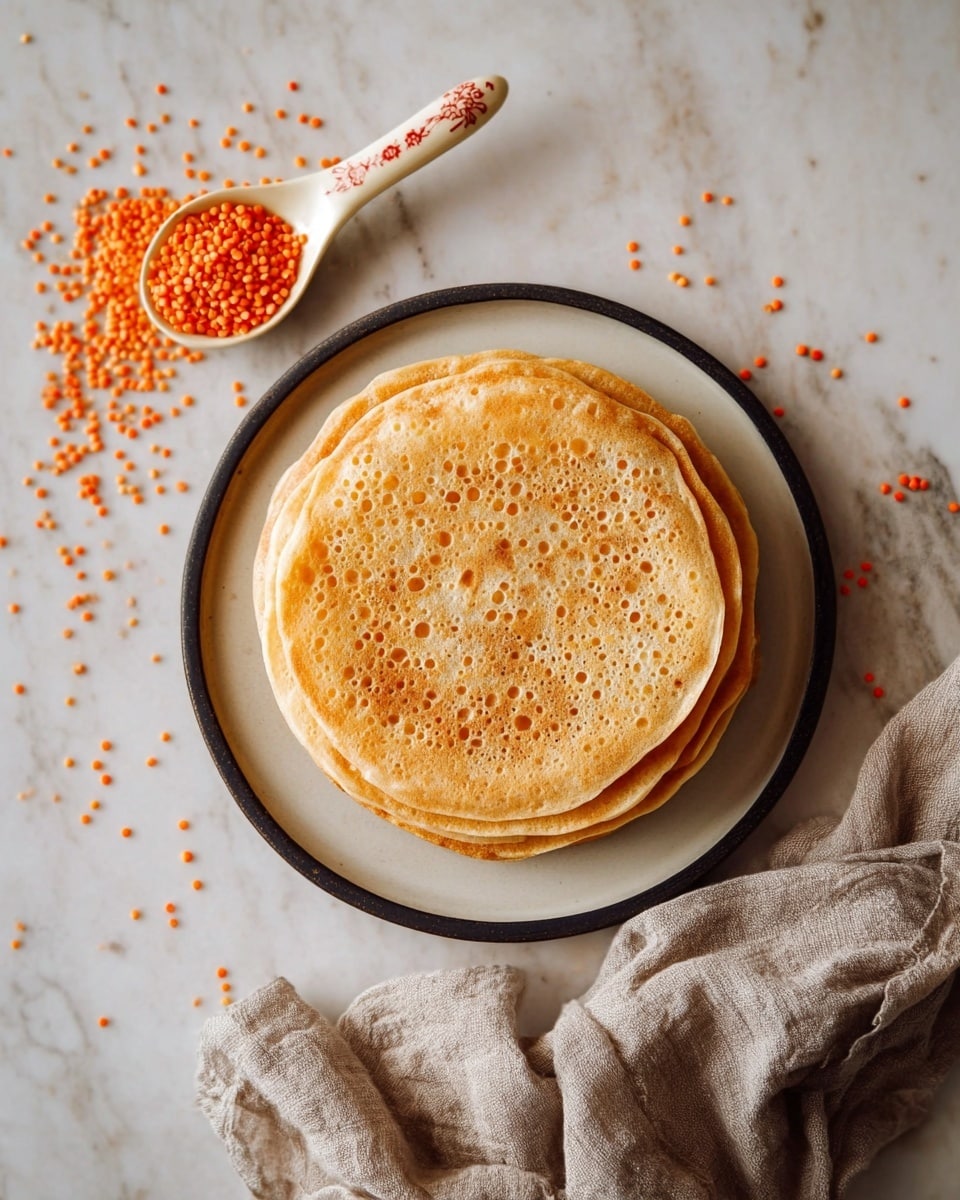 Red Lentil Wraps Recipe 6 A stack of around seven thin, round pancakes with a golden brown color and many small bubbles on their surface sits in the center of a white marbled background. The pancakes rest on a round white plate with a black rim. To the top left of the plate, an off-white ceramic spoon with decorative red marks holds bright orange lentils, with some lentils scattered on the white marbled surface around it. At the bottom right, there is a loosely folded light brown cloth with a soft, coarse texture. photo taken with an iphone --ar 4:5 --v 7