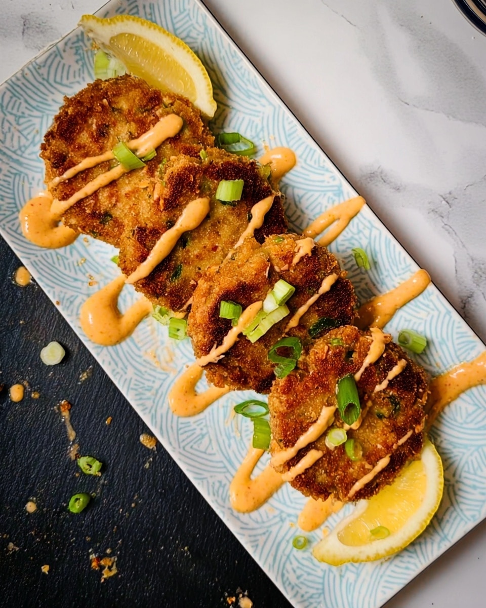 The image shows four crispy golden-brown patties arranged side by side on a white rectangular plate with a light blue pattern. The patties have a rough texture with small green and orange bits visible inside. A lemon wedge is placed on top of the second patty from the left. Light orange sauce is drizzled over the patties and the plate in thin, uneven lines. There are sliced green onions scattered on and around the patties. The plate is on a black surface with some small crumbs and sauce drops nearby, all set against a white marbled background. photo taken with an iphone --ar 4:5 --v 7