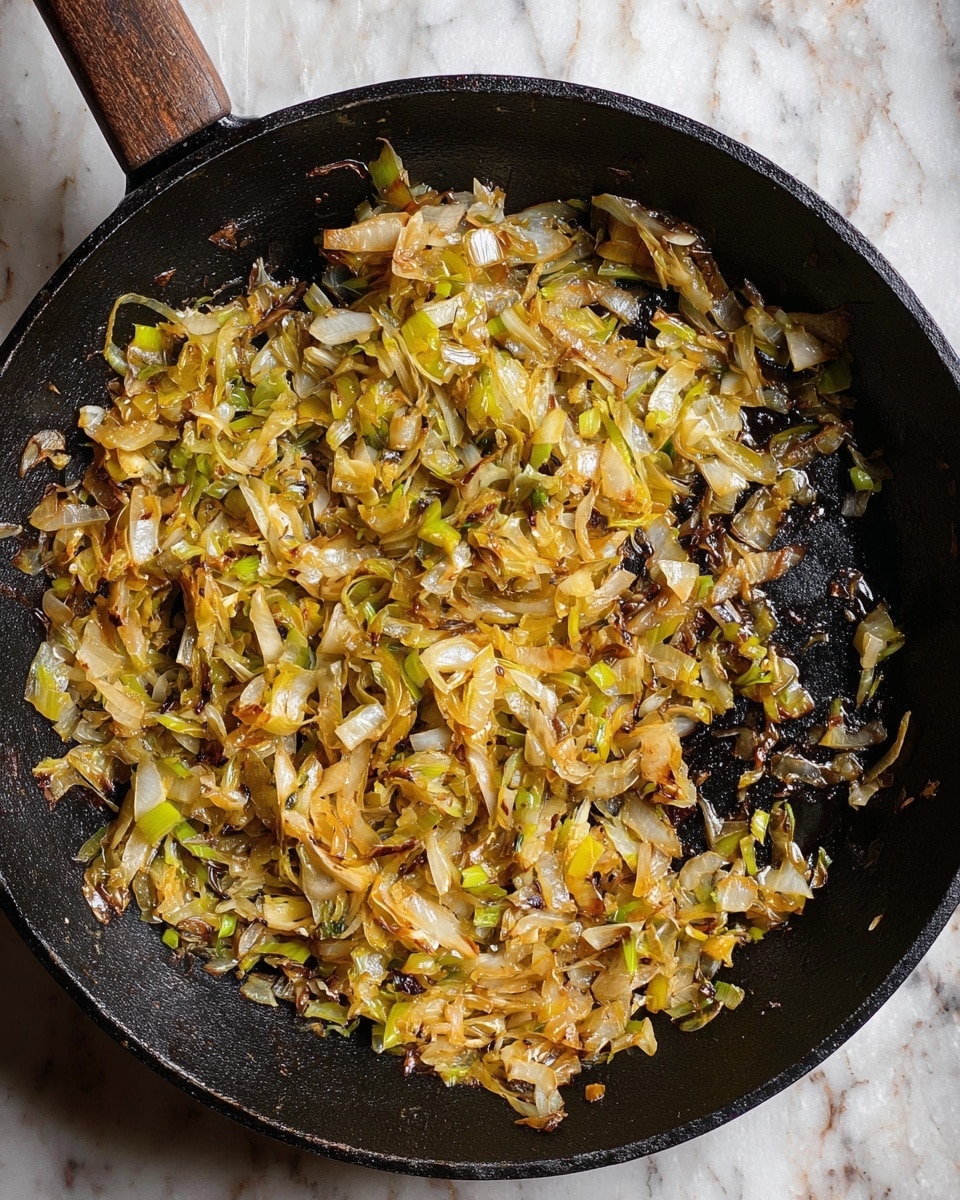 Caramelized Leek and Mushroom Gruyère Pasta Recipe 5 A black cast iron pan filled with a thin, uneven layer of cooked onions and leeks. The onion and leek pieces have a mix of golden-brown, light yellow, and green colors, showing a shiny, slightly oily texture. The vegetables are spread mainly in the center and the right side of the pan, with some parts appearing more caramelized and darker brown. The pan handle extends to the left on a white marbled surface. The image shows a close top view highlighting the texture and color variations of the cooked vegetables, photo taken with an iphone --ar 4:5 --v 7