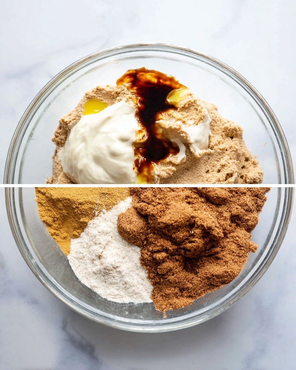 The first image shows a clear glass bowl on a white marbled surface, filled with several layered ingredients: a light brown flour mixture covers most of the bowl's bottom, topped with a layer of thick white cream partially covering the flour, a splash of dark brown vanilla liquid on top of the cream, and a small quantity of yellow butter or oil off to the side. The second image shows a clear glass bowl on a white marbled surface with three different brown powders arranged in piles: light brown sugar, a smaller amount of darker brown cinnamon powder, and a larger heap of medium brown sugar with a more crumbly texture, all loosely mixed but still visible as separate components. photo taken with an iphone --ar 4:5 --v 7