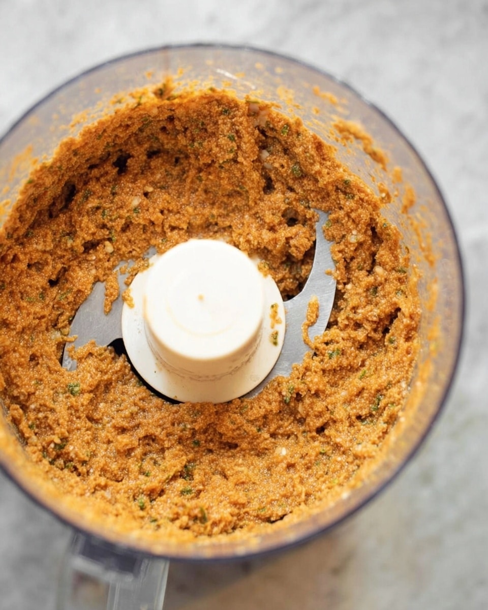 Inside a clear food processor bowl, there is a thick, coarse mixture with an orange-brown color speckled with small green and white bits, showing a somewhat chunky texture. The mixture surrounds a white central blade that has a flat top and sharp edges, positioned right in the middle and partially covered. This setting is on a white marbled surface. photo taken with an iphone --ar 4:5 --v 7