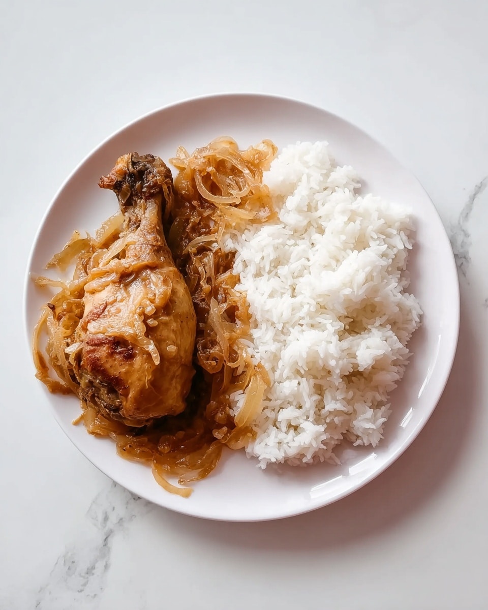 A white plate holds a serving of white rice on the right side, with soft, fluffy grains slightly clumped together. On the left side rests a single cooked chicken drumstick covered in a thick, light brown sauce with visible strands of cooked onions spread generously over and around the drumstick. The background is a white marbled surface. Photo taken with an iphone --ar 4:5 --v 7