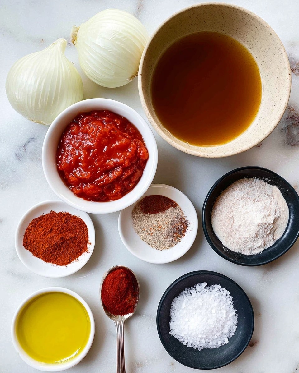 The image shows several ingredients arranged on a white marbled surface, including a light beige bowl filled with clear brown broth placed at the top center, and to the left a white bowl of chunky red tomato sauce. To the right of the sauce, there are two halves of a white onion close to a small black bowl of white flour and two garlic cloves. Below, there are three small white plates with different powders: reddish-brown spice on the left, bright red spice in the middle, and a small black bowl with coarse white salt on the right. At the bottom left, a white bowl contains bright yellow oil, and next to it a spoon with a dollop of dark red paste. photo taken with an iphone --ar 4:5 --v 7