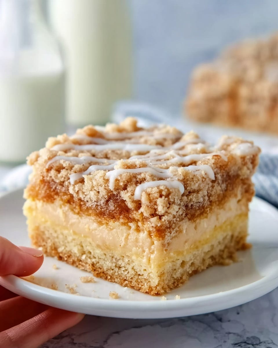 The image shows a single square piece of crumb cake on a white plate, placed on a white marbled surface. The cake has three visible layers: the bottom layer is light golden and dense, the middle layer is creamy and smooth with a beige caramel-like color, and the top layer is a crumbly, rough-textured crust with a mix of light brown and golden crumbs lightly drizzled with a white glaze. A woman's hand is holding the plate from the side, and a blurred glass bottle and another piece of the cake are visible in the background. photo taken with an iphone --ar 4:5 --v 7
